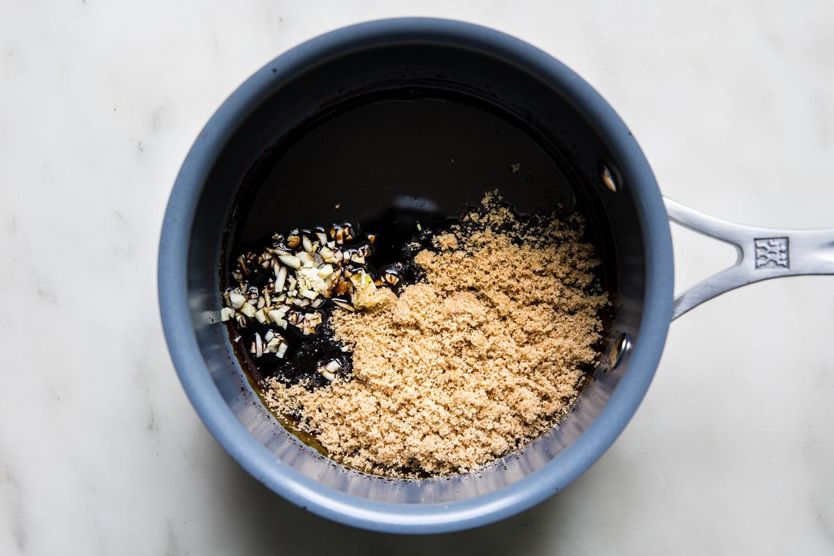 balsamic vinegar, brown sugar, garlic, and olive oil in a small sauce pan
